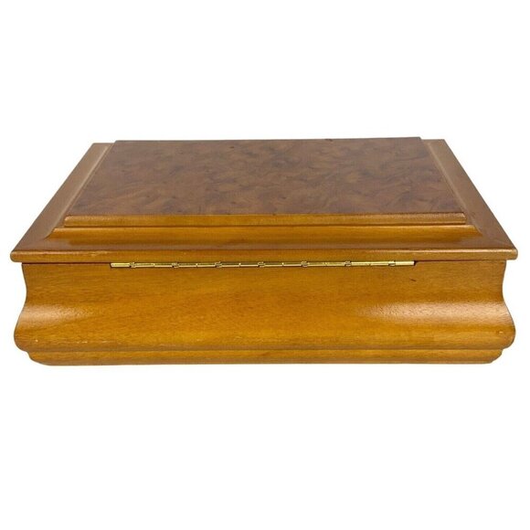 Blonde Wood Jewelry Box Burl Veneer Lid 2 Tiers Velvet Lining Mirror 1980s - Picture 8 of 10